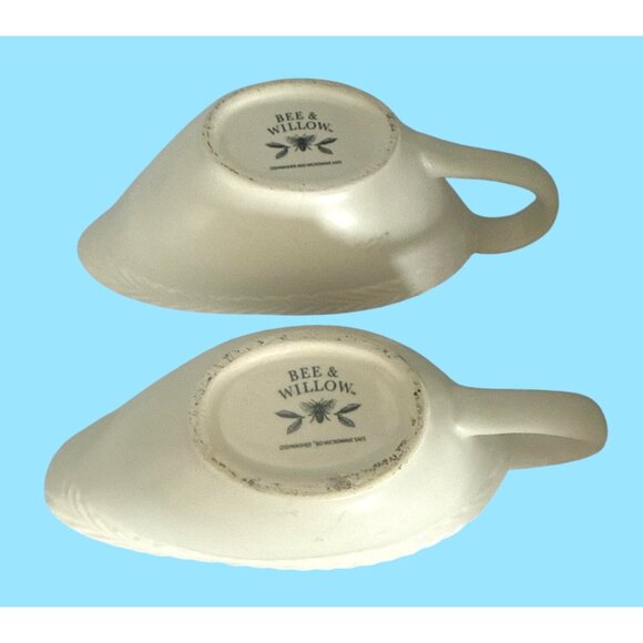 Bee & Willow Stoneware Gravy Boats Set Of 2 Cream Color Embossed Leaf Design - Picture 5 of 9